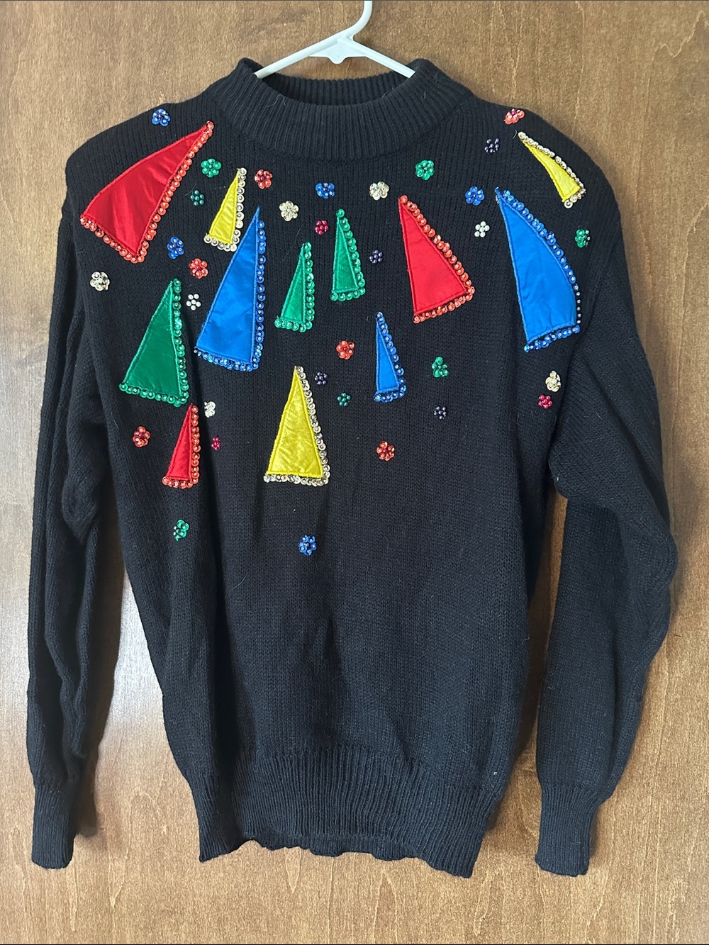 Vintage That’s Me! Brand Black Knit Sweater with Colorful Satin Pennant Patches
